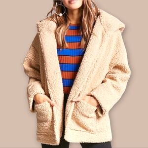 Forever21 Hooded Faux Shearling Open Jacket Size M